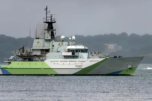 Royal Navy Patrol ship HMS Severn P282 departs Falmouth Harbour in her new “Western Approaches” camouflage livery, first used on ships in World War Two. The livery is a tribute to all sailors who died and fought in the Battle of the Atlantic. Picture: Royal Navy
