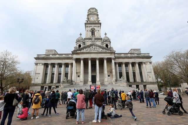 Stop Aquind rally, Guildhall Square, Portsmouth, on April 22. Picture: Chris Moorhouse (jpns 220423-032)