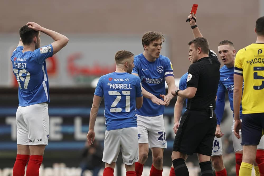 Joe Morrell was issued with a red card in the controversial encounter with Oxford United early in February. Picture: Jason Brown/ProSportsImages