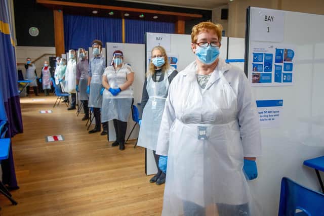 Back-to-school Covid testing at Swanmore College, Swanmore on 3 March 2021.Pictured:  College Staff waiting for the 2nd wave of students.    Picture: Habibur Rahman