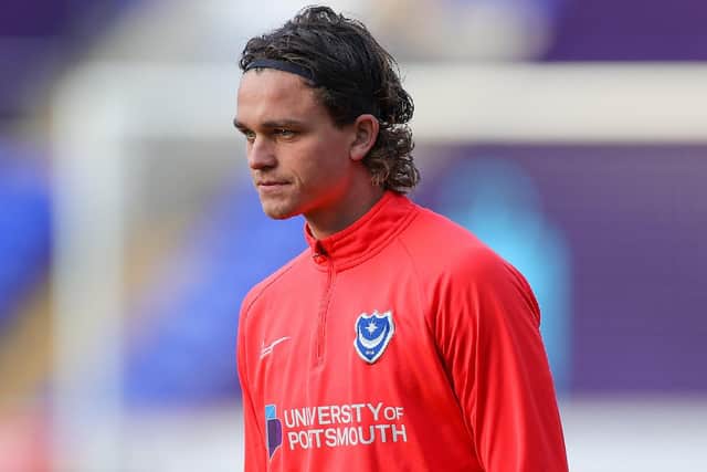 Portsmouth defender Rasmus Nicolaisen (15) warms up during the The FA Cup match between Ipswich Town and Portsmouth at Portman Road, Ipswich, England on 7 November 2020.
