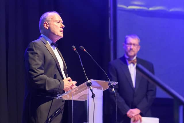 Pictured is: Professor Jeremy Howells, executive dean of faculty of business and law at the University of Portsmouth, and editor of The News Mark Waldron at The News' Business Excellence Awards 2021

Picture: Keith Woodland (080721-3)