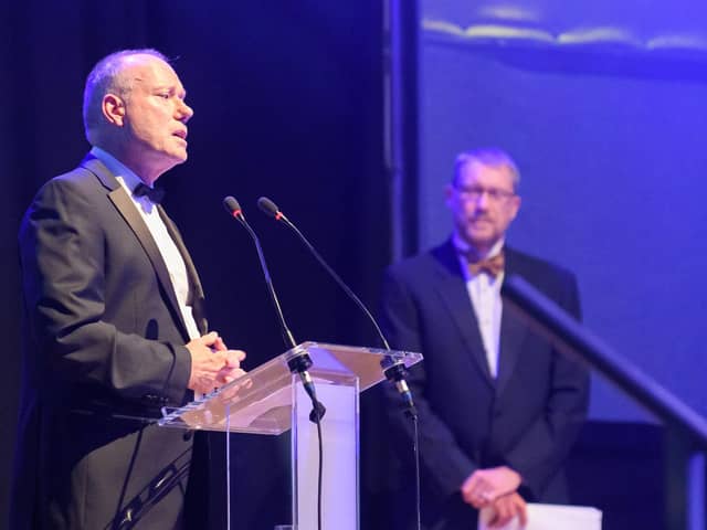 Pictured is: Professor Jeremy Howells, executive dean of faculty of business and law at the University of Portsmouth, and editor of The News Mark Waldron at The News' Business Excellence Awards 2021

Picture: Keith Woodland (080721-3)