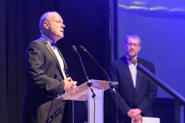 Pictured is: Professor Jeremy Howells, executive dean of faculty of business and law at the University of Portsmouth, and editor of The News Mark Waldron at The News' Business Excellence Awards 2021
Picture: Keith Woodland (080721-3)