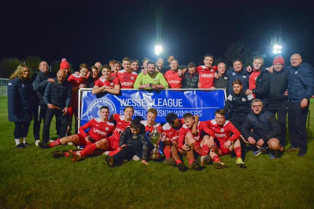 Horndean celebrate their Wessex League title win. Picture by Martyn White