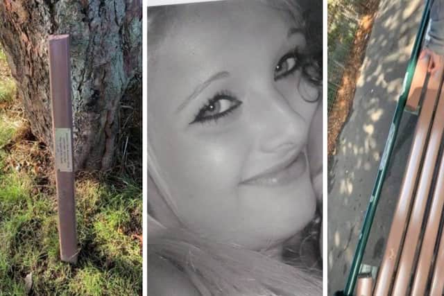 A memorial bench to teenagers Jasmine Allsop, pictured middle, and Olivia Lewry has been vandalised in Gosport