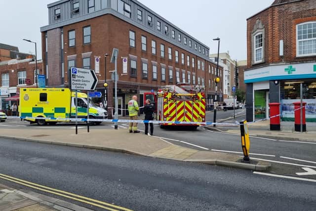 Police, firefighters and paramedics in Cosham high street at its junction with Vectis Way on October 7, 2021. Picture: Stuart Vaizey