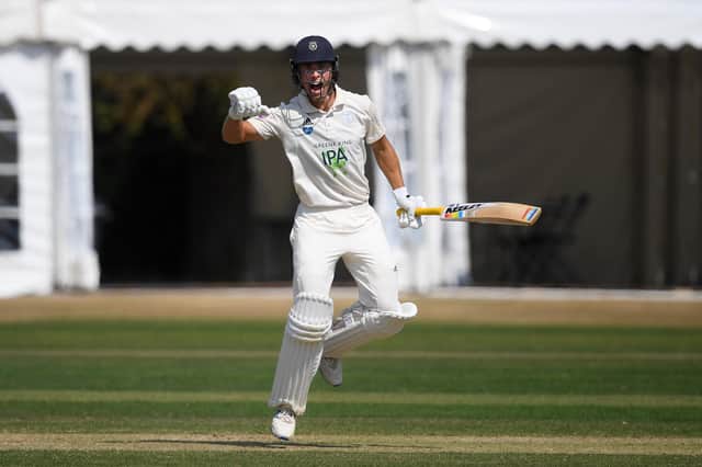 Joe Weatherley celebrates victory in the Bob Willis Trophy match against Middlesex at Radlett. Photo by Alex Davidson/Getty Images.