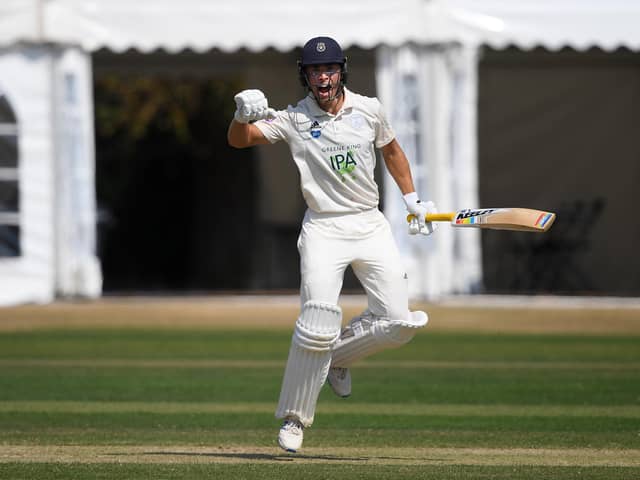 Joe Weatherley celebrates victory in the Bob Willis Trophy match against Middlesex at Radlett. Photo by Alex Davidson/Getty Images.