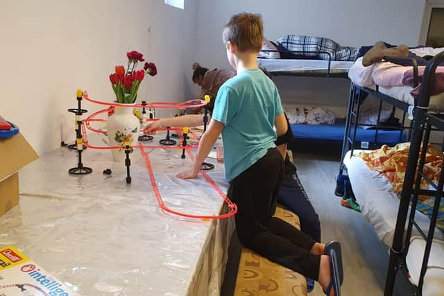 A young refugee in a shelter in Ukraine.