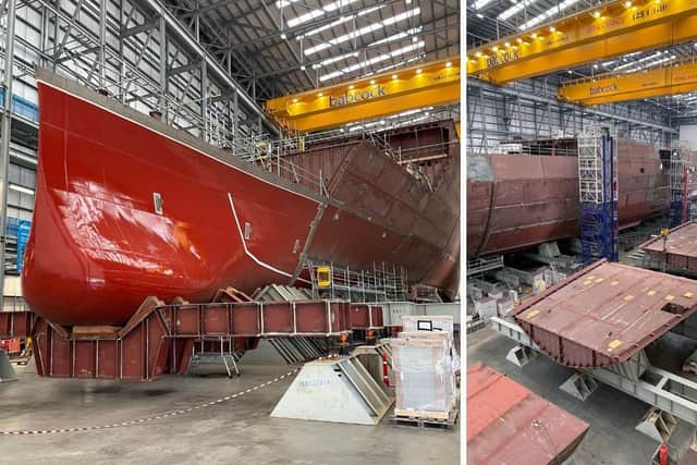 L to R: The painted bulbous bow of HMS Venturer, and the lower sections of HMS Active with the more complete HMS Venturer alongside it.