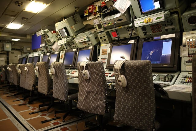 Computer equipment is pictured in the control room on HMS Illustrious. Photo by Dan Kitwood/Getty Images