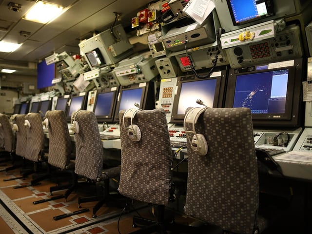 Computer equipment is pictured in the control room on HMS Illustrious. Photo by Dan Kitwood/Getty Images
