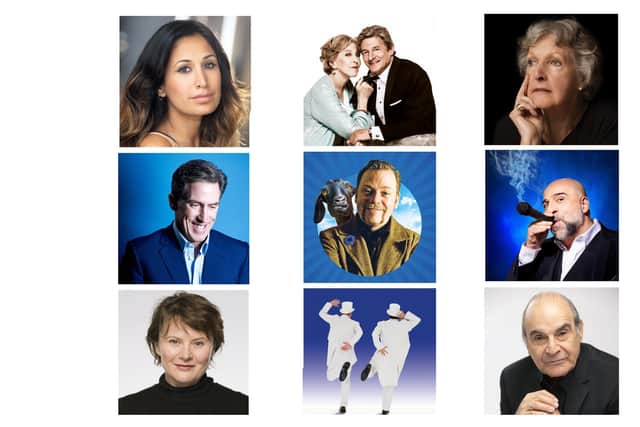 Top row, from left, Preeya Kalidas, Patricia Hodge and Nigel Havers in Private Lives, and Penelope Keith. Middle, from left, Rob Bryden, Rufus Hound and Omid Djalili. Bottom, from left,  Monica Dolan, The Play What I Wrote and David Suchet