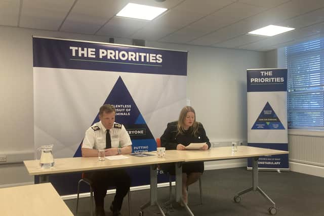 Chief constable Scott Chilton and crime commissioner Donna Jones announces changes to policing at headquarters in Eastleigh on June 13, 2023.