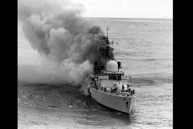 HMS Sheffield after being hit in the Falklands conflict, 40 years ago.