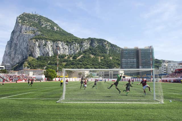 The Victoria Stadium in Gibraltar where Jack Breed will  be playing for Europa FC. There are 12 clubs in the Gibraltan National League and all games are played at the same ground. Pic: MARCOS MORENO/AFP via Getty Images.