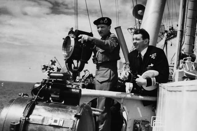 Field Marshal Montgomery, left, and Commander APW Northey on the deck of HMS Implacable, during an exercise, July 7, 1949. Picture: Getty.