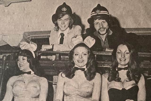 Three of the Southsea Playboy Club bunnies in Gosport. They are accompanied by two members of televisions Fenn Street Gang, Malcolm McFee and Peter Denyer. Jo is on the right. Picture: Portsmouth Evening News.