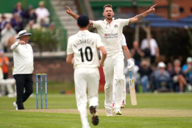 Lancashire's Tom Bailey celebrates the wicket of  Tom Alsop today. Picture: Martin Rickett/PA Wire.