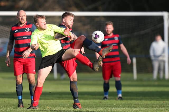 Paulsgrove (red and black) in Hampshire Premier League action against Bush Hill (now Millbrook) in October 2020. Picture: Chris Moorhouse