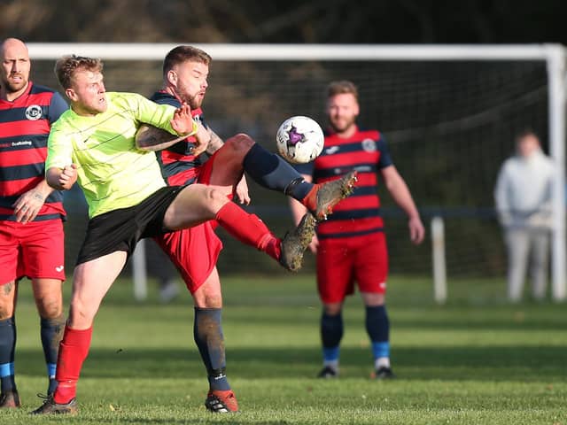 Paulsgrove (red and black) in Hampshire Premier League action against Bush Hill (now Millbrook) in October 2020. Picture: Chris Moorhouse