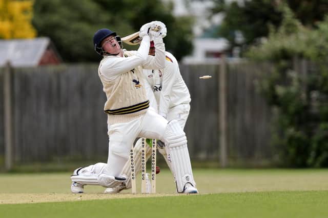 Purbrook's Josh McCoy is bowled during his side's Southern Premier League loss to Gosport Borough at Privett Park. Picture: Chris Moorhouse