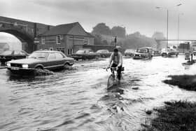 Flooding scene at Fareham in May 1979. The News PP382