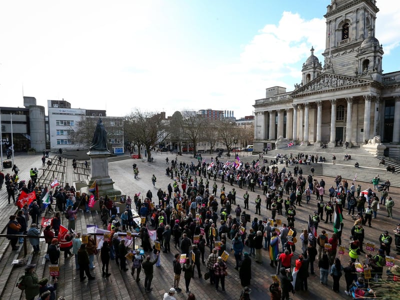 The protestors gathered on each side of Guildhall Square. Picture: Chris Moorhouse (150325-090)