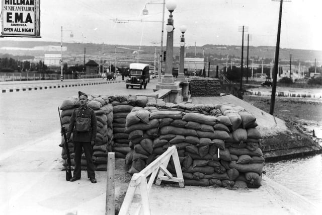 Sentry on guard at Portsbridge. A solider with bayonet fixed guarding the entrance to Portsmouth at Hilsea in 1939.