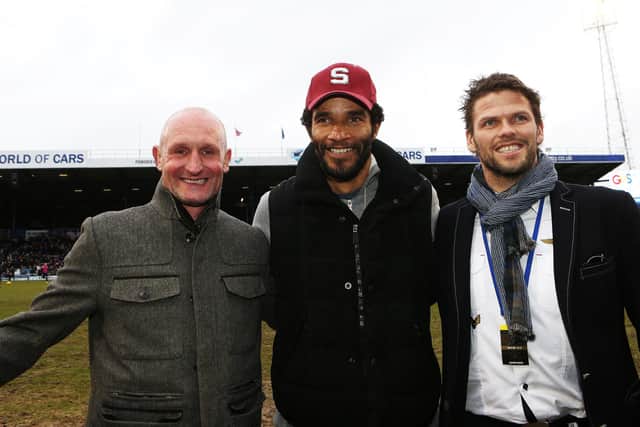 Chris Burns pictured with fellow ex-Pompey players David James and Hermann Hreidarsson at Fratton Park in February 2015. Picture: Joe Pepler