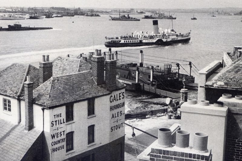 More chimney pots than ships. An unusual view of Portsmouth Harbour from above the Still & West pub, Point, Old Portsmouth.