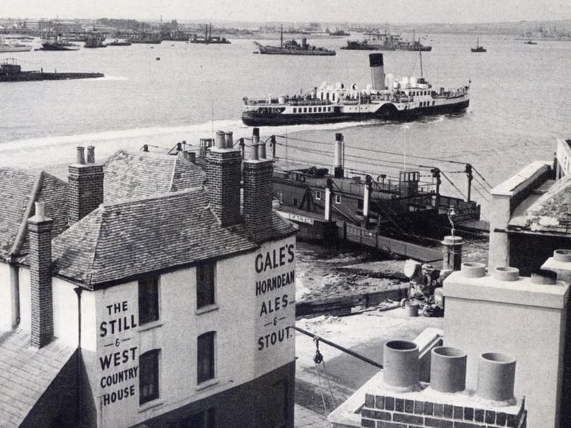 More chimney pots than ships. An unusual view of Portsmouth Harbour from above the Still & West pub, Point, Old Portsmouth.