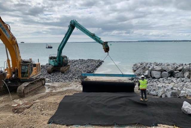 Work to add rocks to the sea defences at Southsea Castle
The geotextile under the rocks