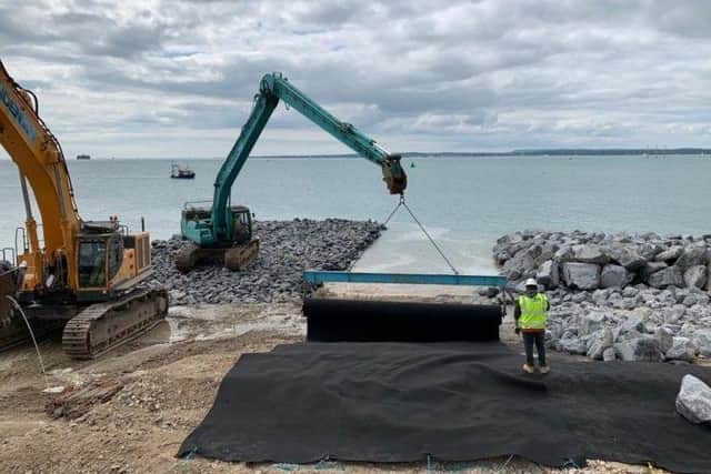 Work to add rocks to the sea defences at Southsea Castle
The geotextile under the rocks