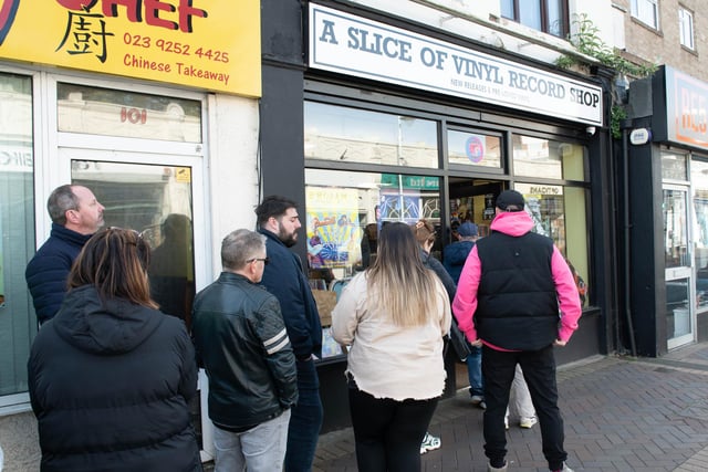 Record collectors waiting to go into A Slice of Vinyl in Gosport on Record Store Day.