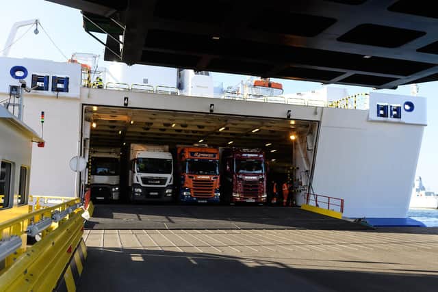 Lorries carrying freight cargo wait to disembark from a Brittany Ferries service from Caen to Portsmouth International Port in January 2019. Picture: Leon Neal/Getty Images
