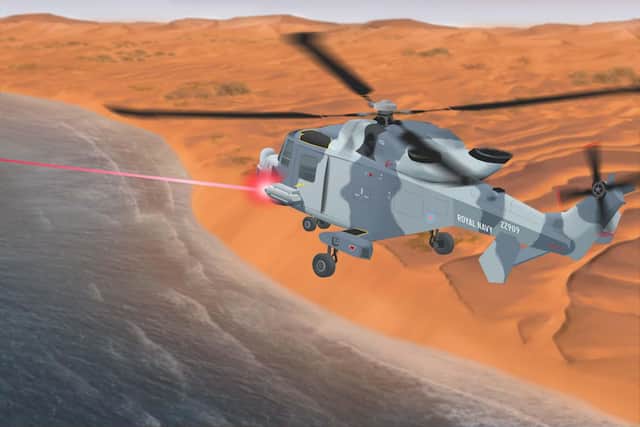 An impression of the laser system fitted on a Wildcat helicopter.