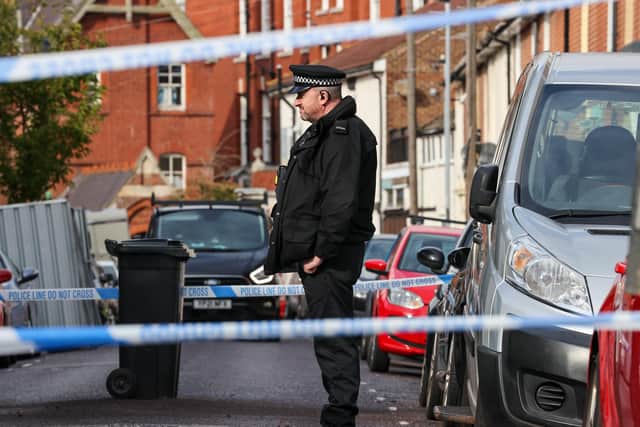Police secure the area around 44 Telephone Road, Southsea on Monday morning, 4th October 2021. Photos by Alex Shute