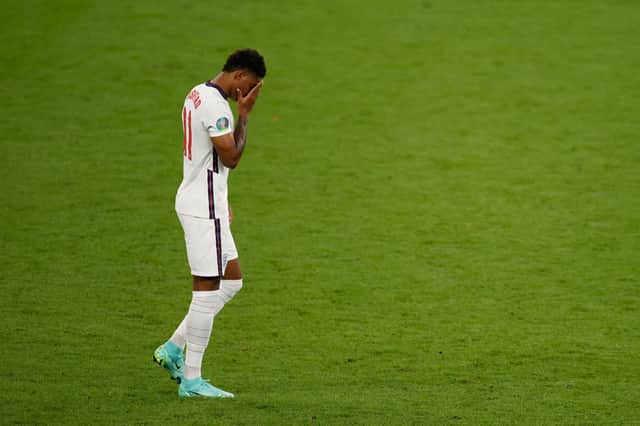 England's forward Marcus Rashford reacts after he fails to score in the penalty shootout during the Euro 2020 final against Italy on Sunday Picture: John Sibley/AFP via Getty Images