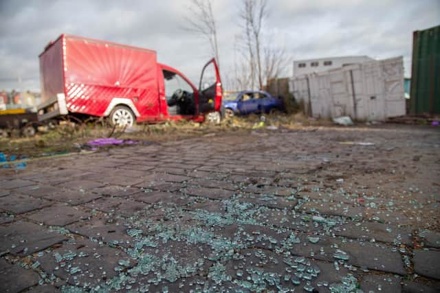 Damage has been caused to several cars and other vehicles at Byngs Autos in Goldsmith Avenue. Picture: Habibur Rahman