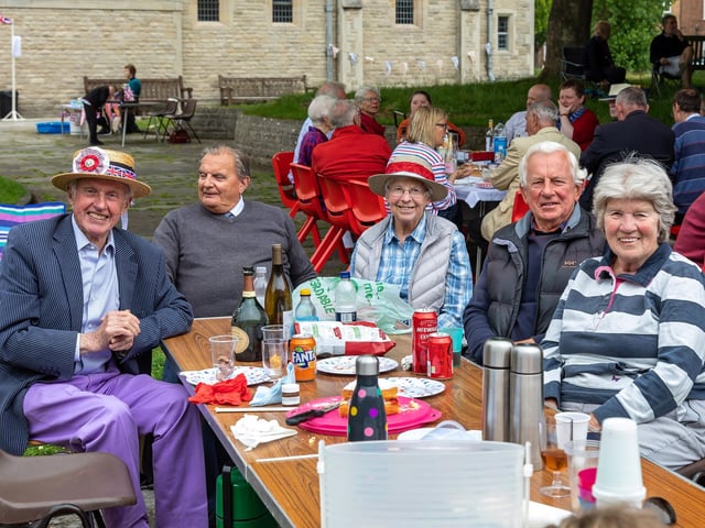 The jubilee street party at Portsmouth Cathedral. Pictured: Philip Hill (82), John Vincent (76), Wendy Hill, Nigel Gauntlett (81) and Jackie Gauntlett. Picture: Mike Cooter (050622)