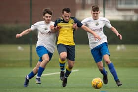 Action from Moneyfields U18s' 9-1 win at home to Hawks Community Youth U18s (white shirts) in the Hampshire Development League Under-18 Division East. Picture: Keith Woodland (120321-1149)