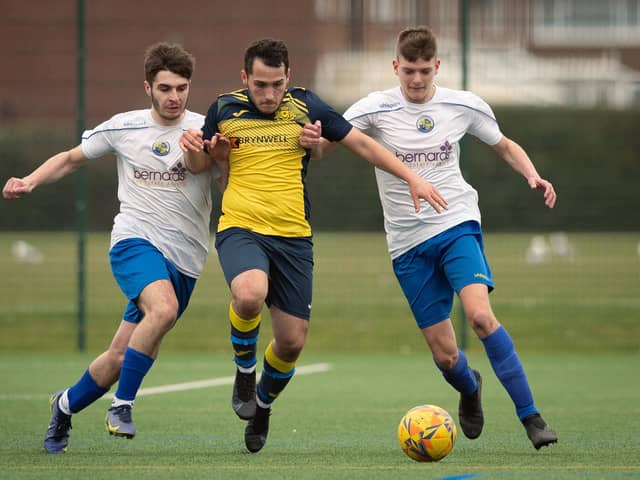 Action from Moneyfields U18s' 9-1 win at home to Hawks Community Youth U18s (white shirts) in the Hampshire Development League Under-18 Division East. Picture: Keith Woodland (120321-1149)