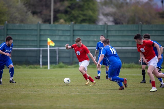 Action from Gosport Town's 4-0 victory over Lee Rangers (blue kit) in the Portsmouth & District FA Trophy final at Cams Alders. Picture: Alex Shute