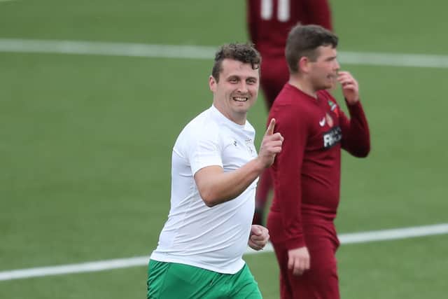 Harry Potter celebrates his hat-trick goal. Picture: Dave Haines.