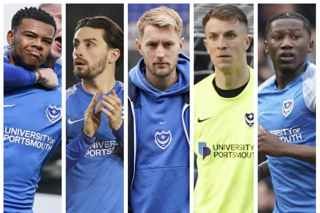 From left: Dane Scarlett, Owen Dale, Joe Pigott, Matt Macey and Di'Shon Bernard make up Pompey's current loanees.