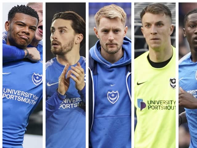 From left: Dane Scarlett, Owen Dale, Joe Pigott, Matt Macey and Di'Shon Bernard make up Pompey's current loanees.