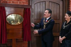 Portsmouth Lord Mayor Councillor Rob Wood and the lady mayoress unveil the plaque during a ceremony at the dockyard last year. Photo: Royal Navy