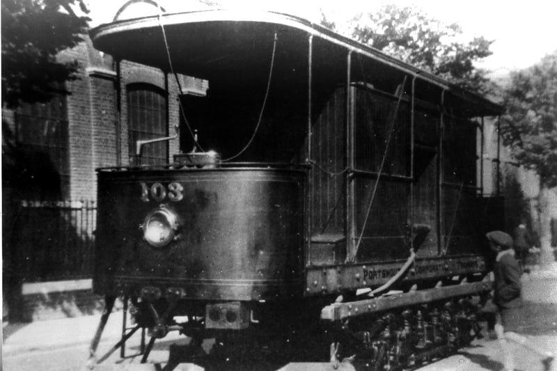 The works tram parked up in Gladys Avenue with the tram shed behind.